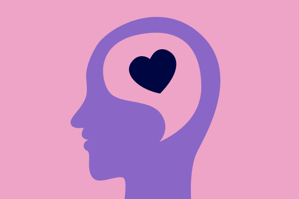 This is an image set on a pink background which depicts a purple head with a navy heart within.